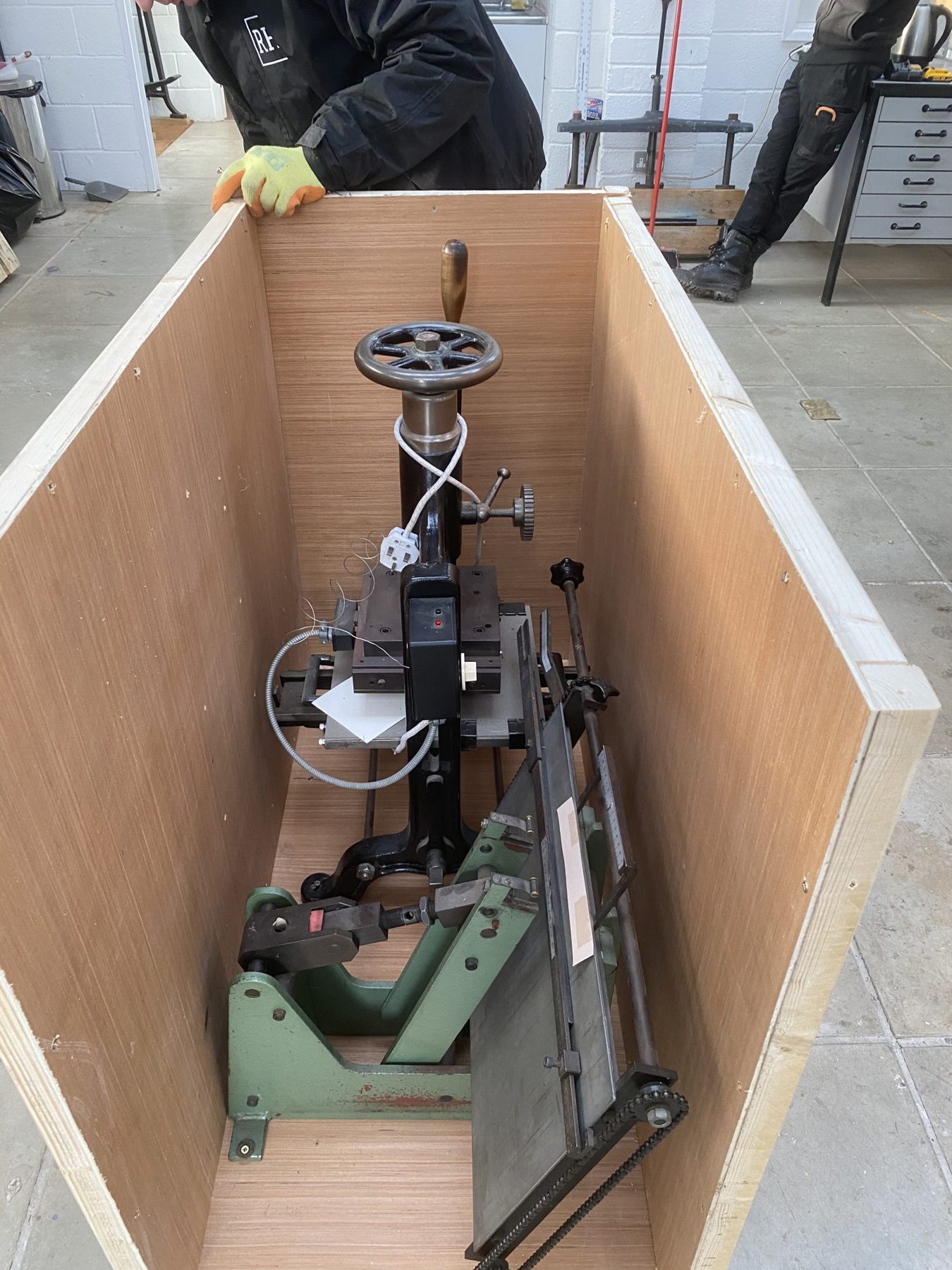 A heavy machine secured inside a bespoke RH crate