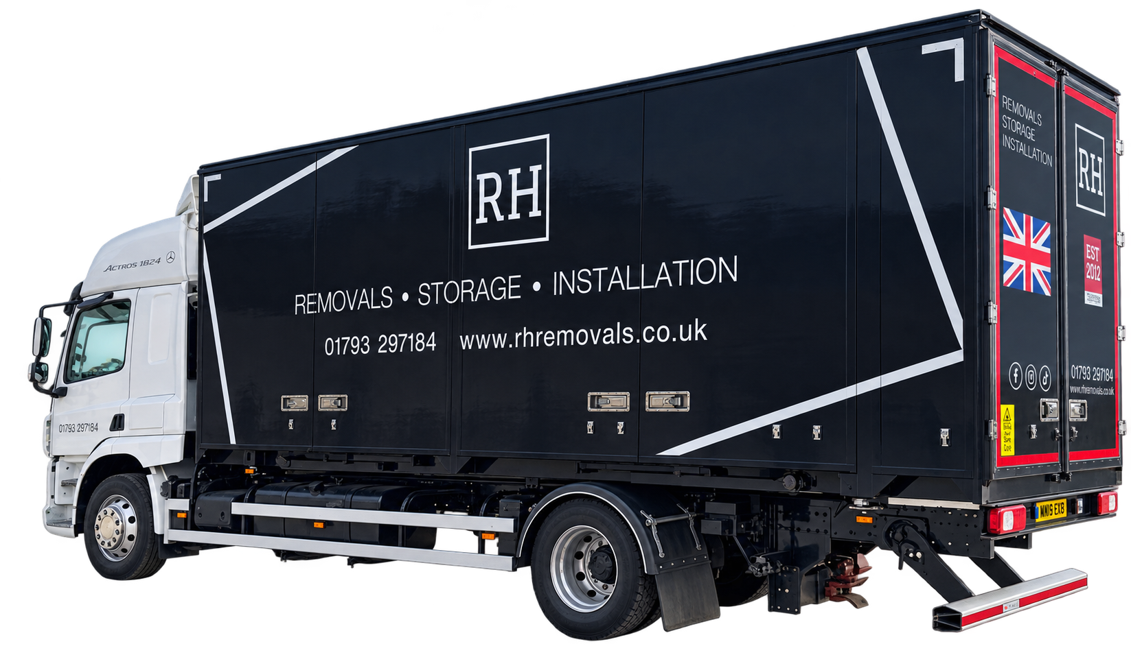 RH Removals lorry in black livery: Removals, Storage, Installation