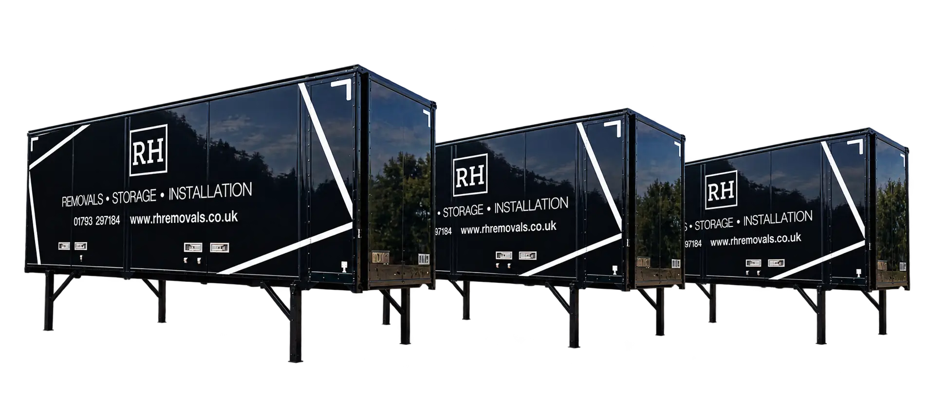 Three black RH de-mount removal bodies standing in a row
